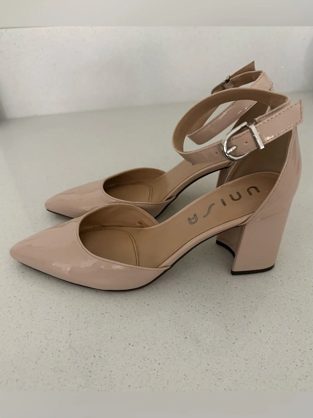 Unisa Beige Patent Pointed-Toe Ankle-Strap Heels